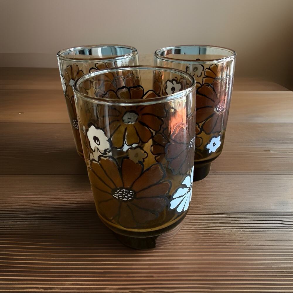 Camellia By Tawney Glasses Tumbler Libbey Brown Floral Retro, MCM (3), EUC - Picture 3 of 6
